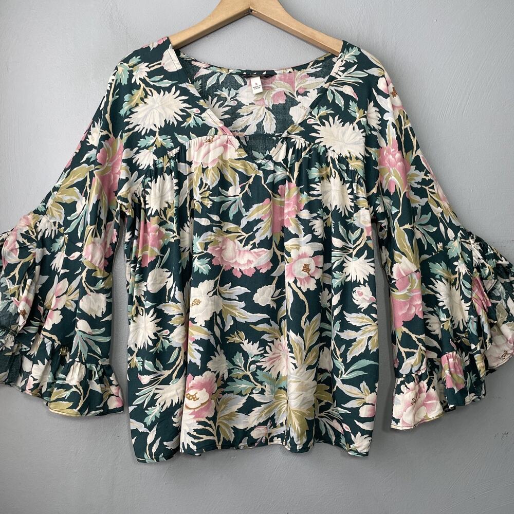 Cottagecore Babydoll Top Size Small Green Pink Floral Ruffled Romantic Fairy